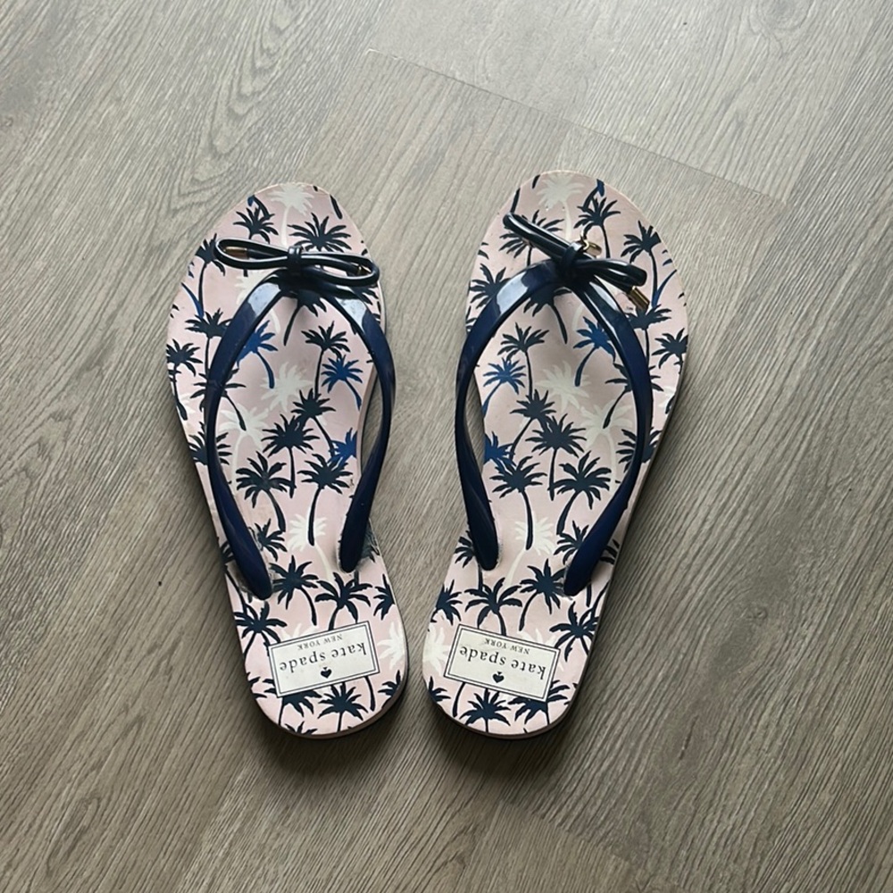 Kate Spade Pink and Black Palm Tree Flip Flops
